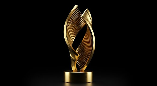 A stunning golden award trophy set against a sleek black background. This trophy embodies elegance and achievement, symbolizing success and recognition. The award glistens.