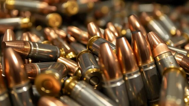 Close-up of a chaotic heap of rifle ammunition cartridges in silver and gold tones, densely packed and filling the entire frame. Detailed metallic textures emphasize strength, conflict, and weaponry.

