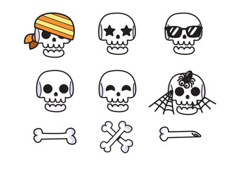 Playful skull characters with various accessories for a fun Halloween theme.