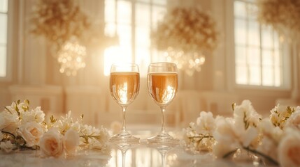Elegant Toast Two Glasses of Champagne amidst floral decorations, embodying a serene celebration.