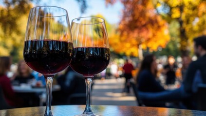 Autumnal Wine Tasting: Two Glasses of Red Wine Enjoyed Outdoors in a Vibrant Fall Setting