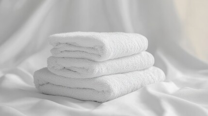 Luxurious Comfort Stacked White Towels on Soft Fabric, promising gentle care and fresh ''cleanliness''.