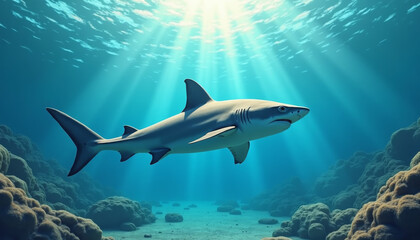 Obraz premium Majestic Shark Swimming in Crystal Clear Ocean Waters - Marine Life Photography