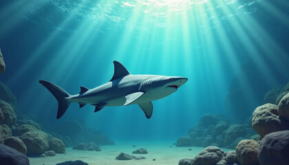 Fototapeta premium Shark Swimming in Ocean Depths, Nature Photography, Serene Environment, Aerial View