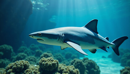 Fototapeta premium Shark Swimming Through Coral Reef, Ocean Depths, Nature Photography, Serene Environment, Wide Angle View, Marine Life