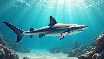 Fototapeta premium Shark Swimming in Ocean Depths, Marine Life Photography, Tranquil Environment, Dynamic Viewpoint
