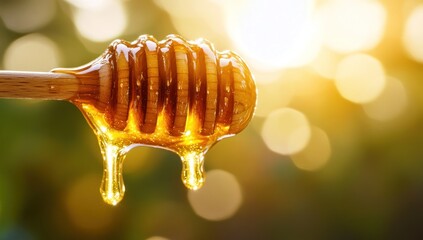 Golden Honey Dripping from Wooden Dipper, Nature's Sweetness