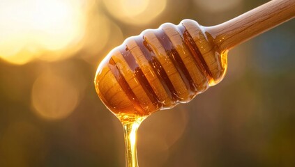 Golden Honey Dripping from Wooden Dipper at Sunset
