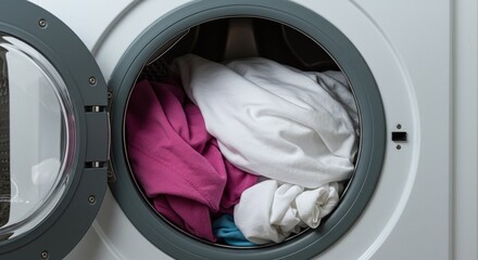 Open Washing Machine with Mixed Laundry in Drum in Modern Home Setting
