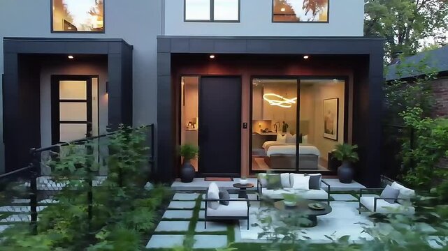 Modern duplex with separate entrances and shared backyard