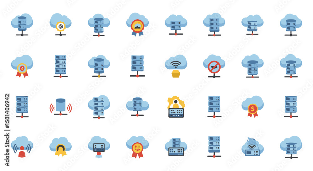 Poster set of vector icons cloud computing icons server network data and connection elements. vector illust