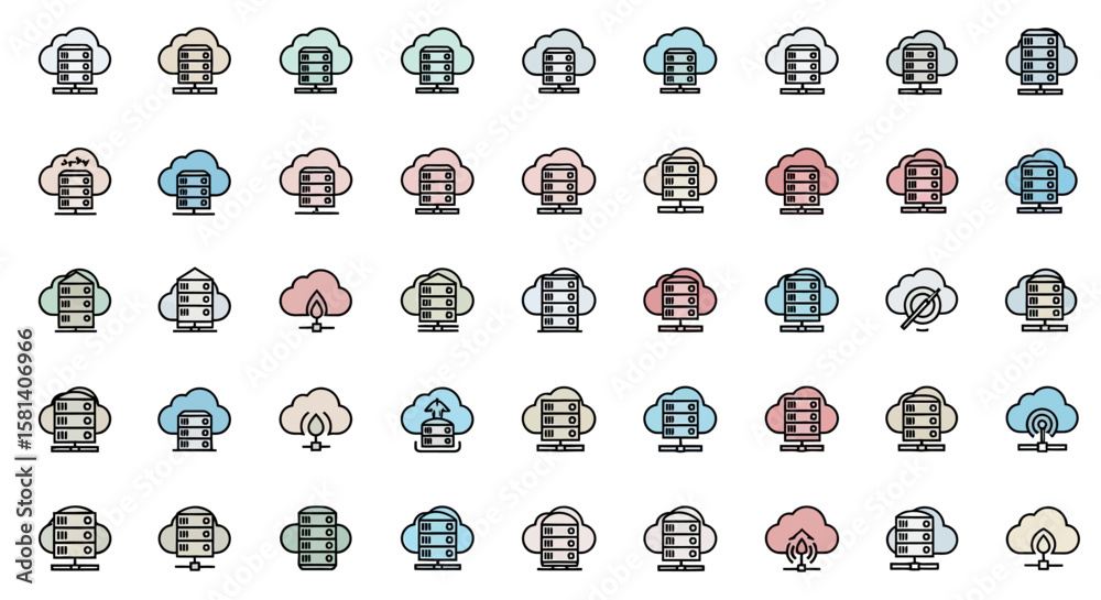 Poster set of vector icons cloud server icons data storage network and computing solutions. vector illustra