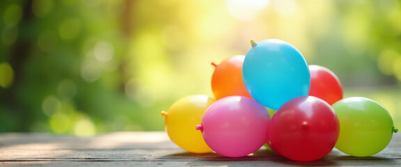 Festive Balloons, Colorful Decoration, Outdoor Celebration, Photography, Lush Background, Close-Up View, Joyful Atmosphere
