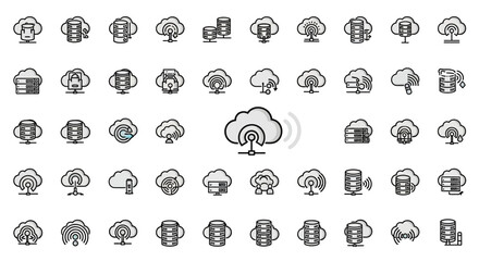 Set of Vector Icons Cloud Computing Icons Data Storage Networking and Server Connectivity. Vector Illustrations. EPS Editable