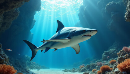 Obraz premium Underwater Adventure, Shark Species, Coral Reef, Wildlife Photography, Ocean Depths, Dynamic Perspective, Marine Life Exploration