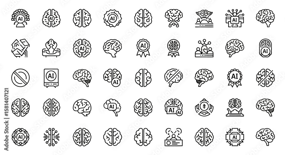 Poster set of vector icons collection of ai brain icons in various styles and designs black outlines. vecto