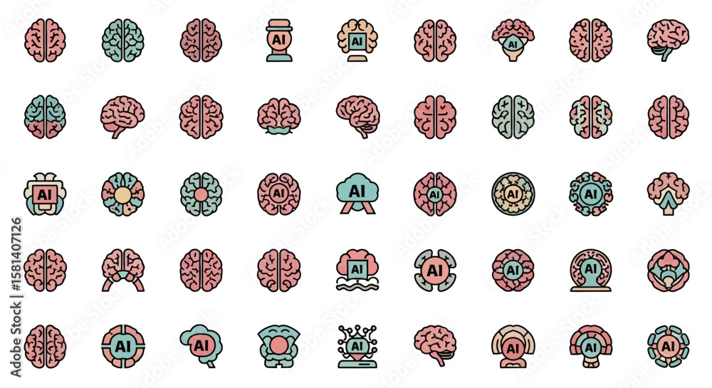 Poster set of vector icons collection of ai brain icons neural network machine learning and artificial inte