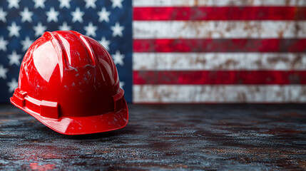 Construction worker’s yellow hard hat helmet with blurred American flag in the background. Symbolizing Labor Day, workers’ pride, and American workforce. Space for caption on the side.

