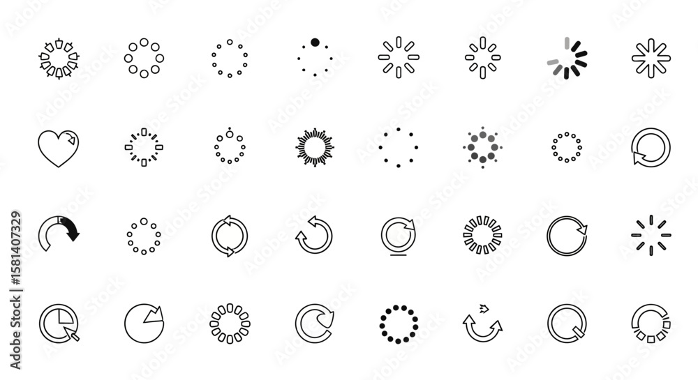 Poster set of vector icons collection of black and white loading and refresh icons set. vector illustration