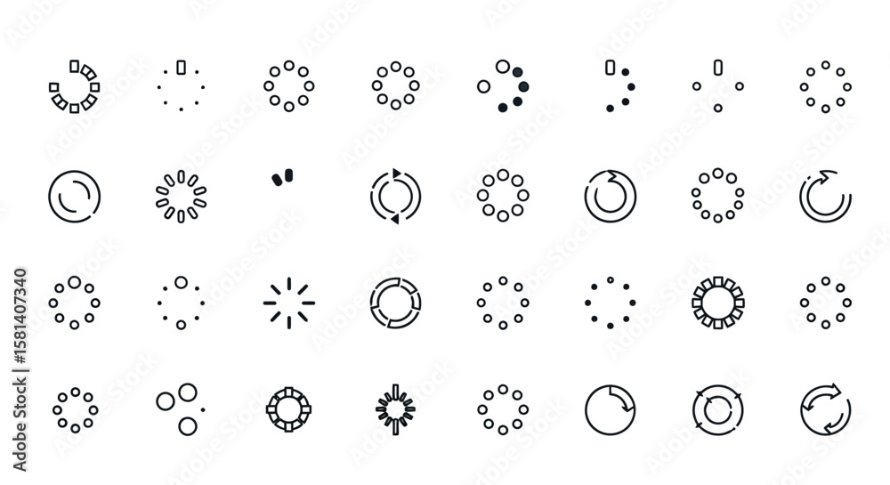 Poster set of vector icons collection of black and white loading icons and circular progress indicators. ve