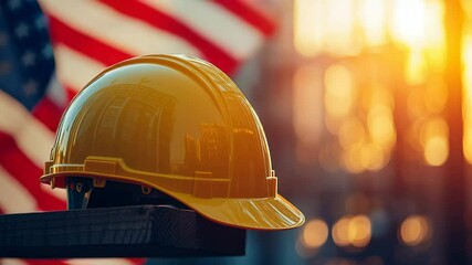Construction worker’s yellow hard hat helmet with blurred American flag in the background. Symbolizing Labor Day, workers’ pride, and American workforce. Space for caption on the side.

