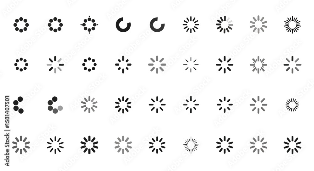 Poster set of vector icons collection of circular and radial loading icons in black and gray. vector illust