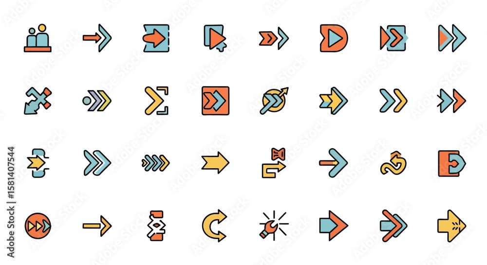 Poster set of vector icons collection of colorful arrow icons with directional and navigation symbols. vect