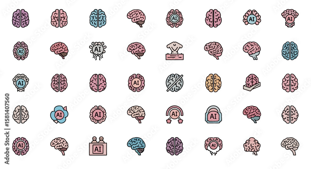 Poster set of vector icons collection of colorful brain icons representing artificial intelligence concepts