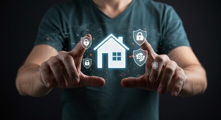 Person Touching Digital Home Security Icons in Dark Background