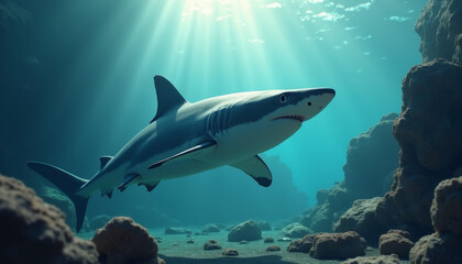 Shark Swimming Gracefully in Ocean Depths - Nature Photography, Serene Environment, Dynamic Viewpoint