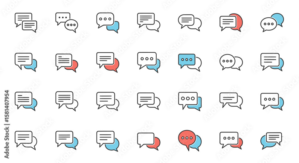 Poster set of vector icons collection of colorful speech bubble icons with text and dots. vector illustrati