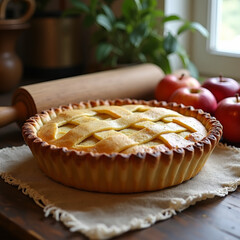 Apple Pie Baking Process in a Cozy Kitchen Environment with Fresh Ingredients
