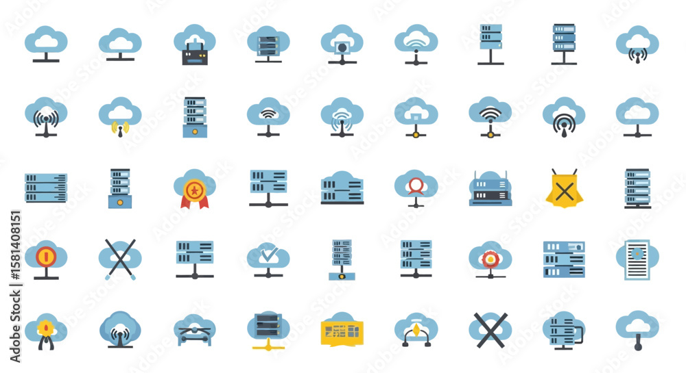Aufkleber set of vector icons collection of flat design cloud computing and server icons with various network 