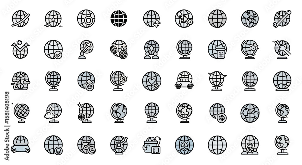 Poster set of vector icons collection of globe icons with various symbols and design elements. vector illus