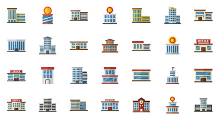 Set of Vector Icons Collection of Flat Design Building Icons with Various Styles and Colors. Vector Illustrations. EPS Editable