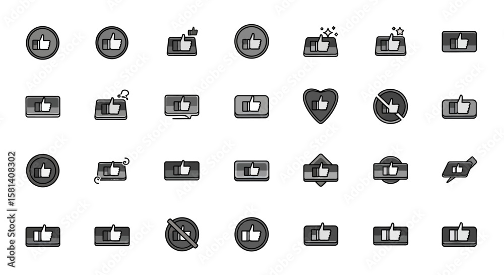 Poster set of vector icons collection of gray scale thumbs up icons with various shapes and styles. vector 