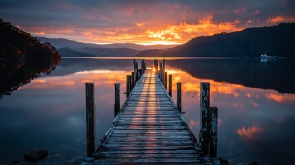 Obraz premium Wooden Pier on Lake at Sunset