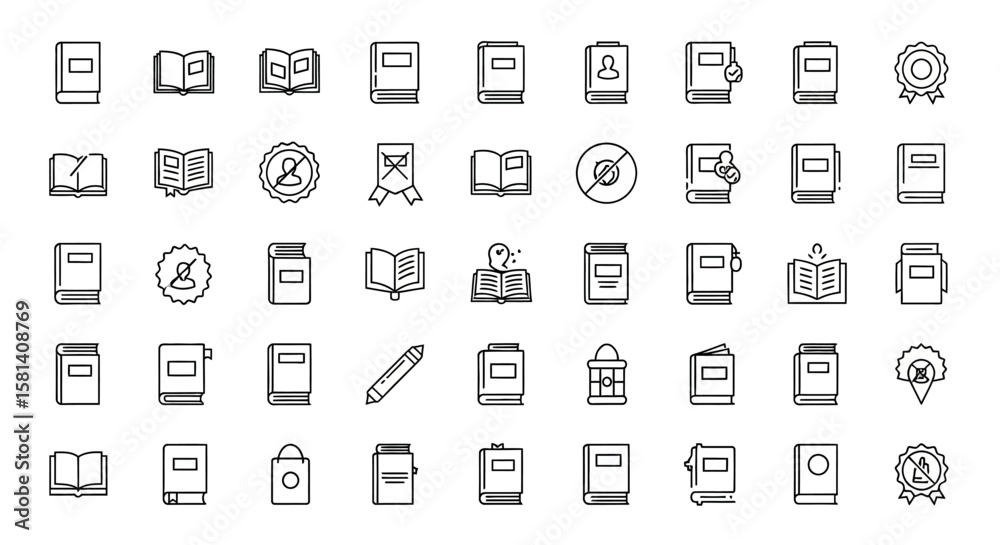 Poster set of vector icons collection of linear book icons with various attributes. vector illustrations. e