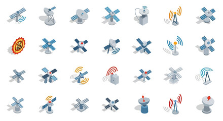 Set of Vector Icons Collection of Isometric Satellite Dishes and Space Stations. Vector Illustrations. EPS Editable