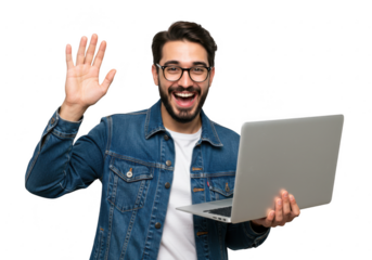 Happy Man with Laptop Waving on Transparent Background
