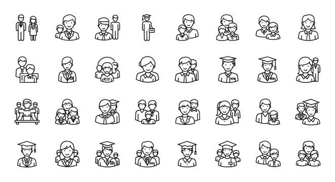 Set of Vector Icons Collection of Outline Style People Icons Families Graduates and Professionals. Vector Illustrations. EPS Editable