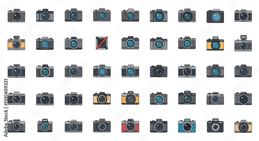 Poster set of vector icons collection of various flat design camera icons in different colors. vector illus