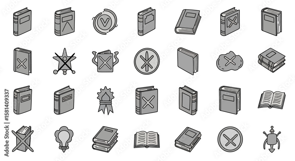 Poster set of vector icons collection of various grey book icons with different styles and symbols. vector 