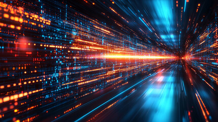 Dynamic digital screens symbolize web accessibility and diverse online content. Bright light streaks suggest fast data transfer and connectivity. Modern tech vibe with caption space on the side.

