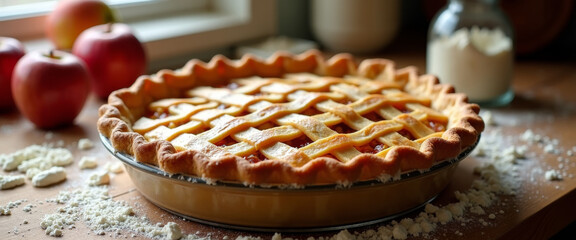 Delicious Homemade Apple Pie, Kitchen, Food Photography, Cozy Environment, Close-Up View, Baking Tradition