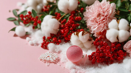 Pink Pastel Christmas Flat Lay with Red Berries, Glass Snowflake Bauble and Ribbon – Perfect Card or Calendar Background