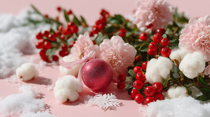 Pink Pastel Christmas Flat Lay with Red Berries, Glass Snowflake Bauble and Ribbon – Perfect Card or Calendar Background