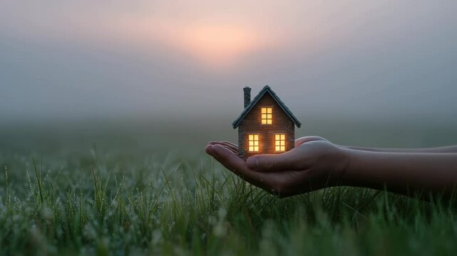 人物が朝靄の牧草地で家模型を掲げる