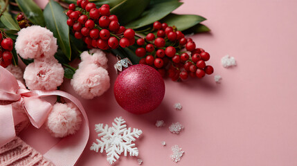 Trendy Korean Pastel Holiday Flat Lay, Glass Ornament and Hypericum Berries, Copy Space for 2025-2027 Seasonal Ads