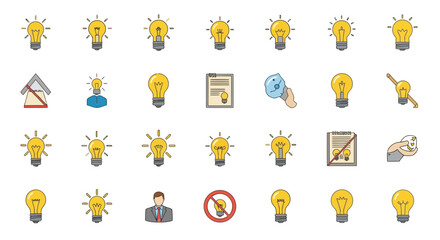 Set of Vector Icons Collection of Yellow Lightbulb Icons Diverse Styles and Perspectives of Idea Symbols. Vector Illustrations. EPS Editable